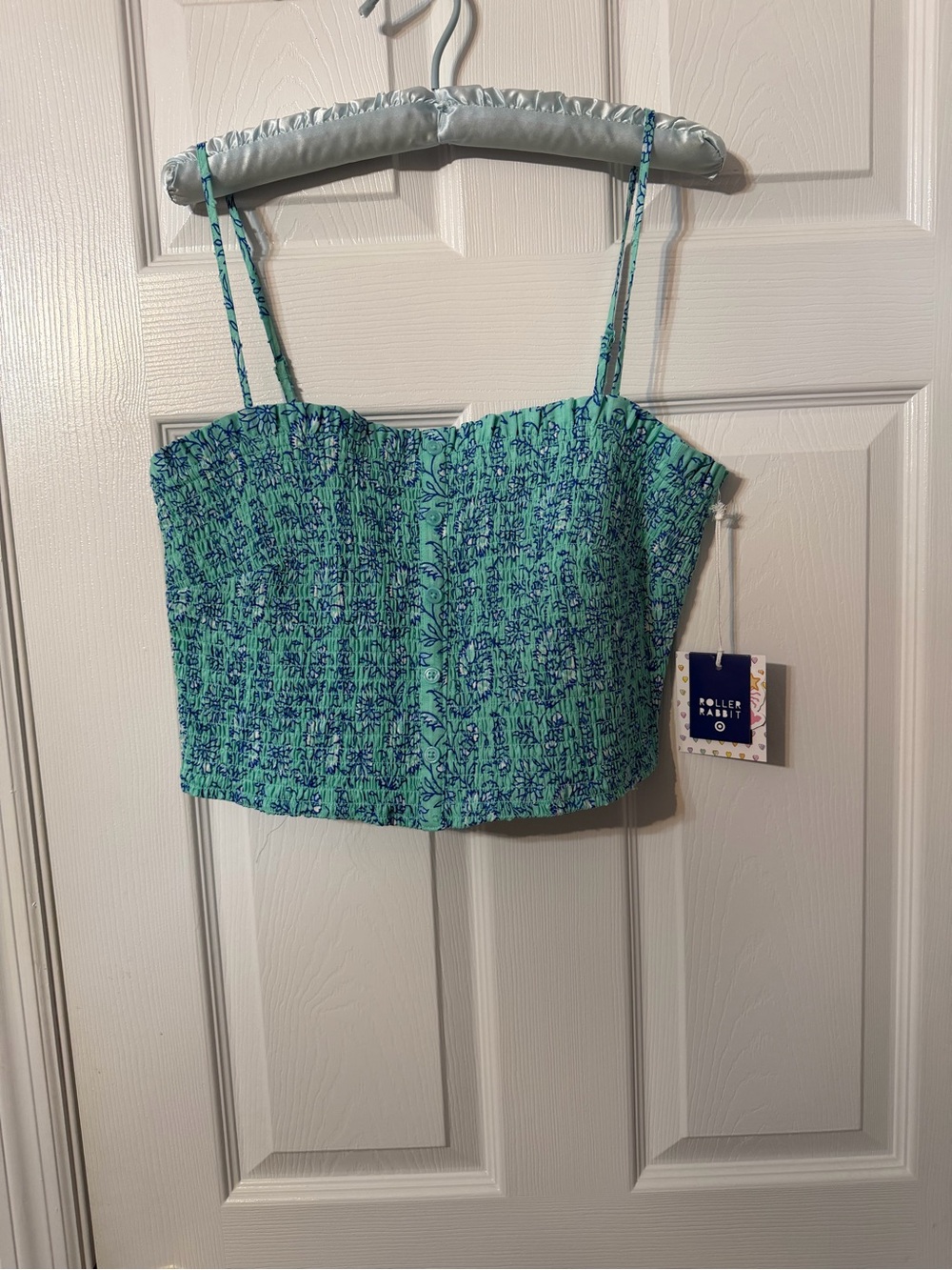 Roller Rabbit Aqua & Navy Smocked Spaghetti-Strap Crop Top
